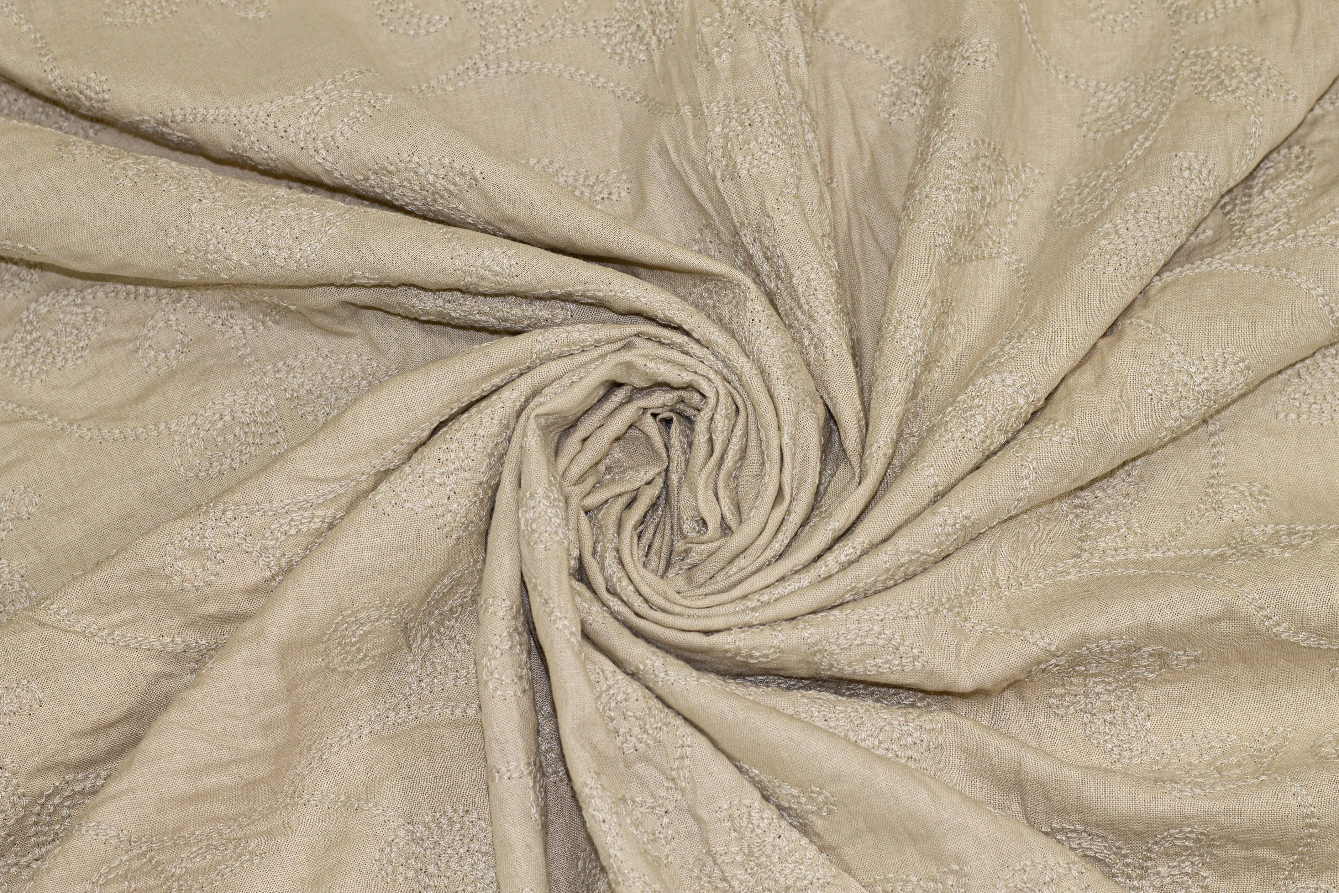 Khaki Floral Embroidered Italian Linen