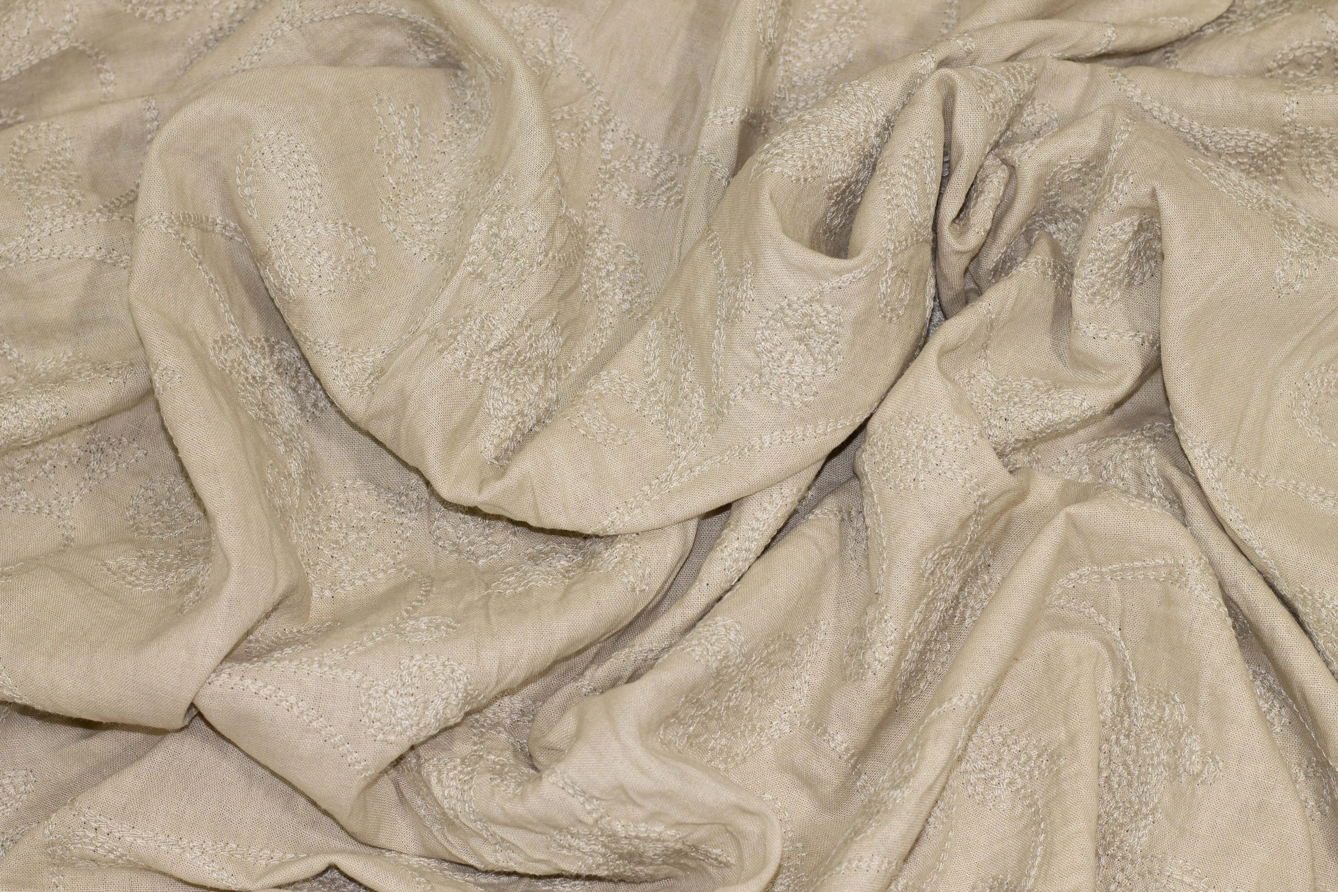 Khaki Floral Embroidered Italian Linen