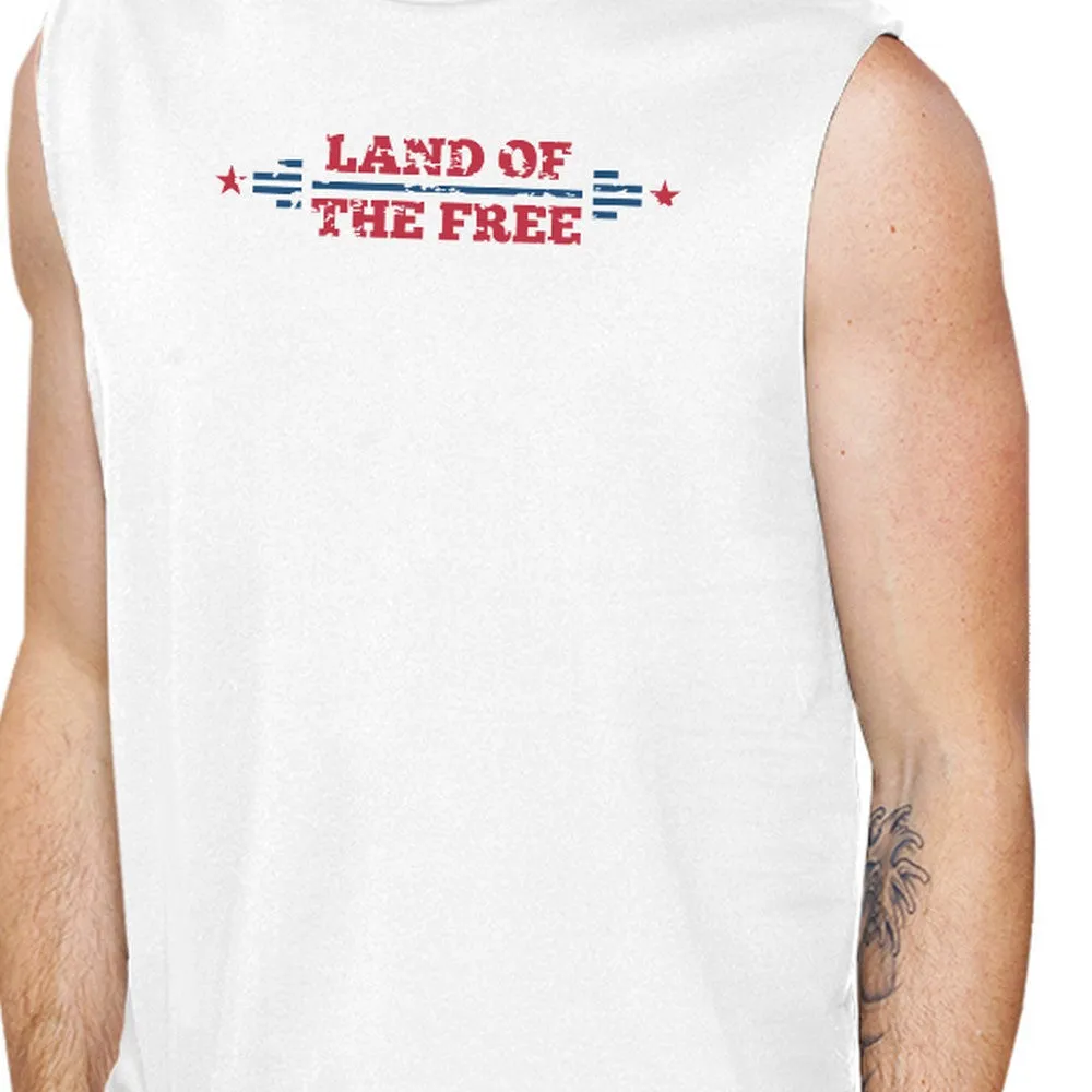 Land Of The Free Mens White Sleeveless T-Shirt Crew Neck Cotton