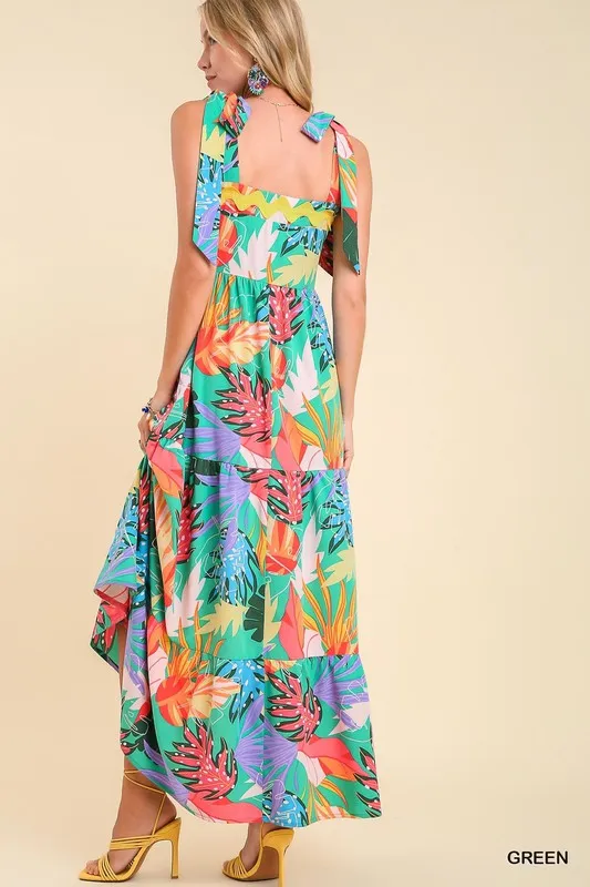 Leaf Print Shoulder Tie Ric Rac Trim Maxi Dress- Green