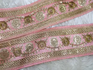 Light Pink Fancy Sequins and Zari Work Embroidered Border