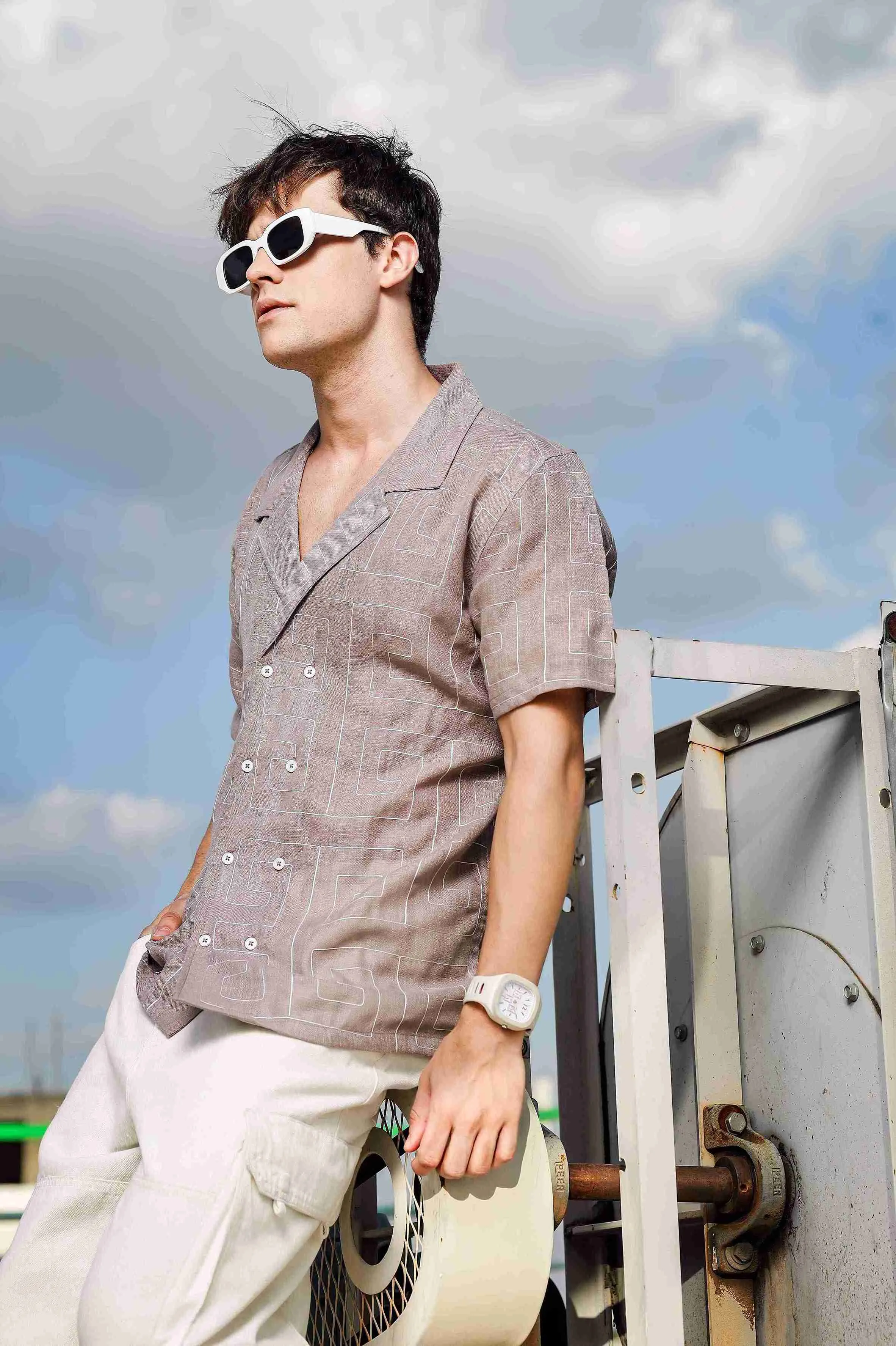 Linen Blend Embroidered Beige Korean Cuban Collar Resort Shirt