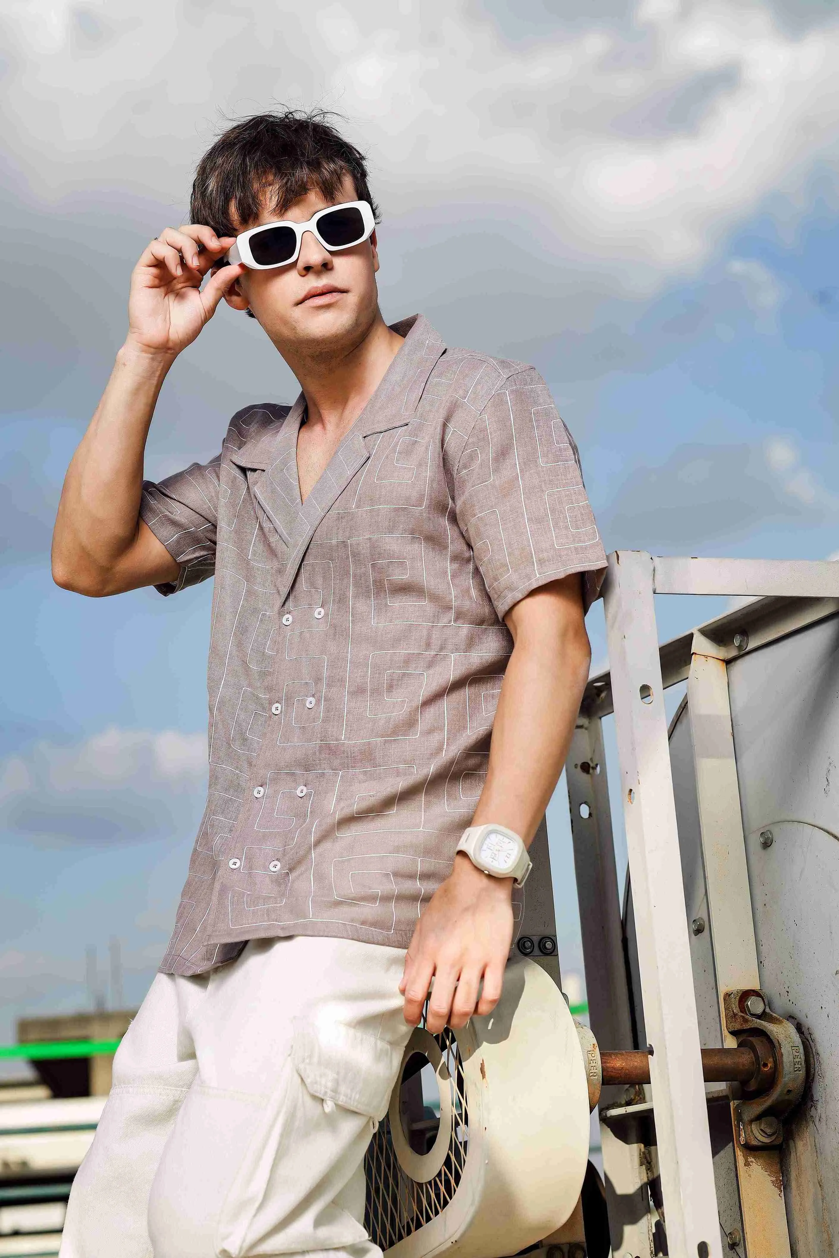 Linen Blend Embroidered Beige Korean Cuban Collar Resort Shirt