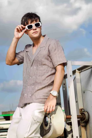 Linen Blend Embroidered Beige Korean Cuban Collar Resort Shirt