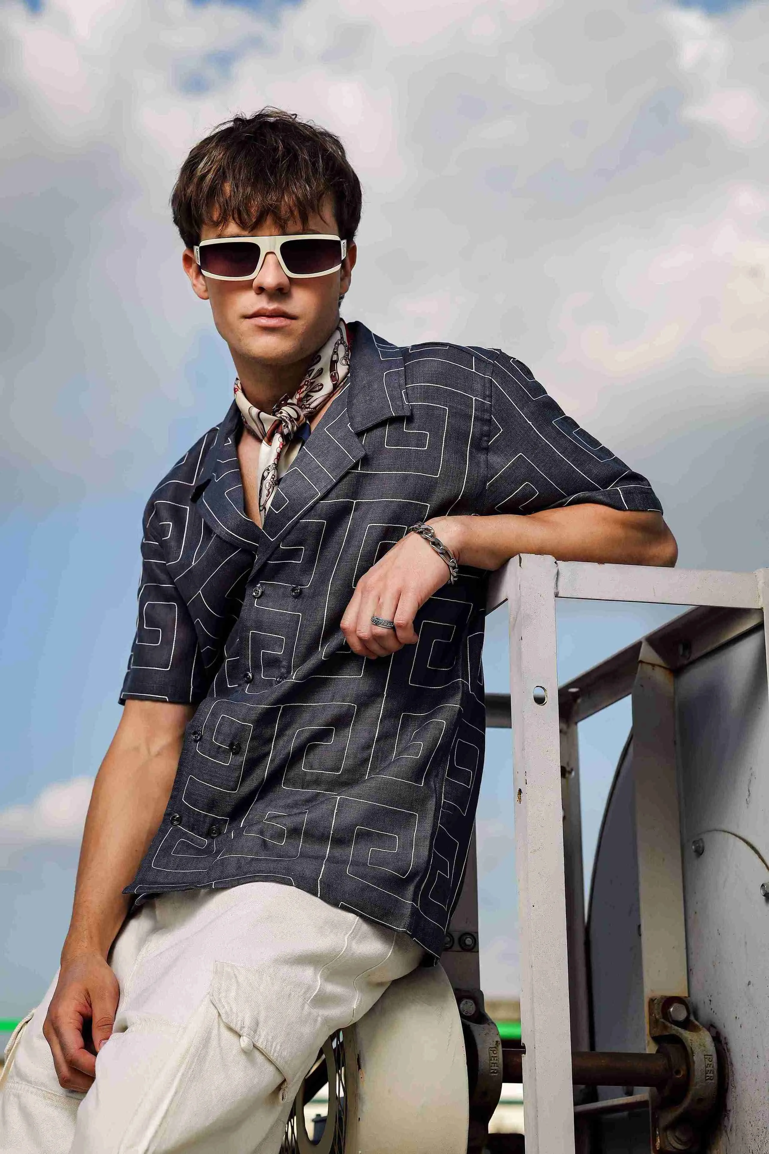 Linen Blend Embroidered Grey Korean Cuban Collar Resort Shirt