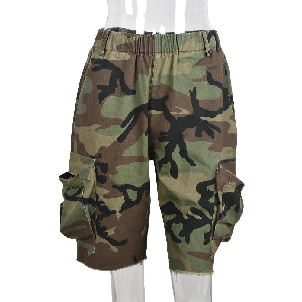 MB FASHION Camo Cargo Shorts with Elastic Waistband 6495LY