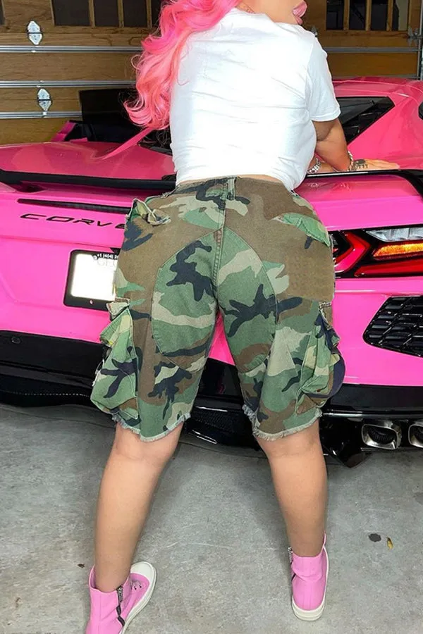 MB FASHION Camo Cargo Shorts with Elastic Waistband 6495LY