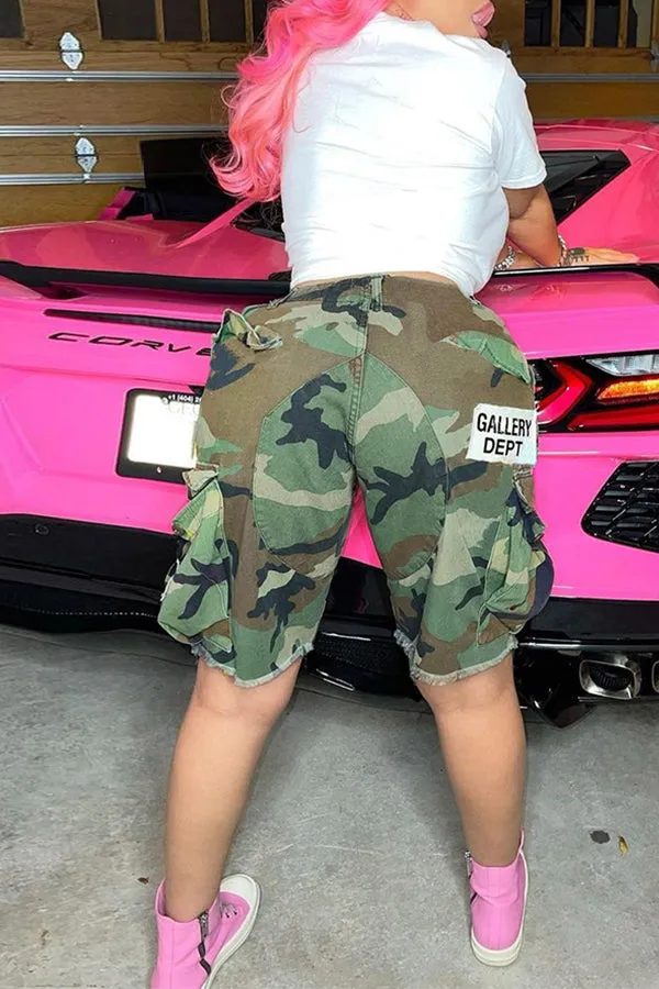 MB FASHION Camo Cargo Shorts with Elastic Waistband 6495LY