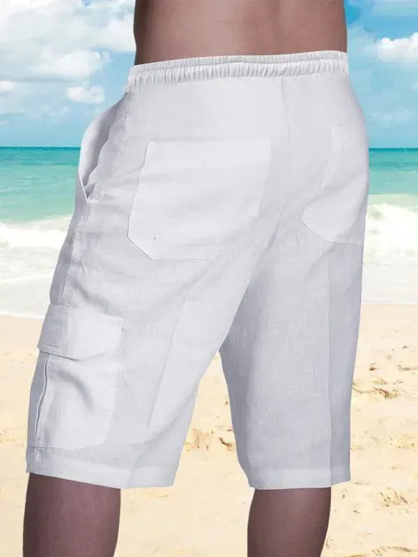 Men Linen Cargo Shorts Cat Print