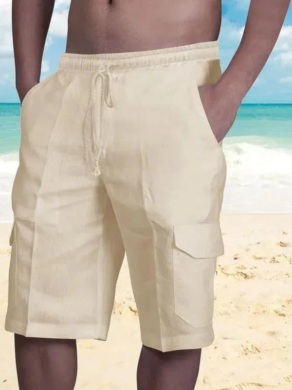 Men Linen Cargo Shorts Cat Print