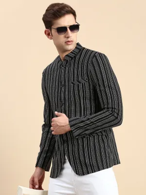 Men Mandarin Collar Striped Black Blazer