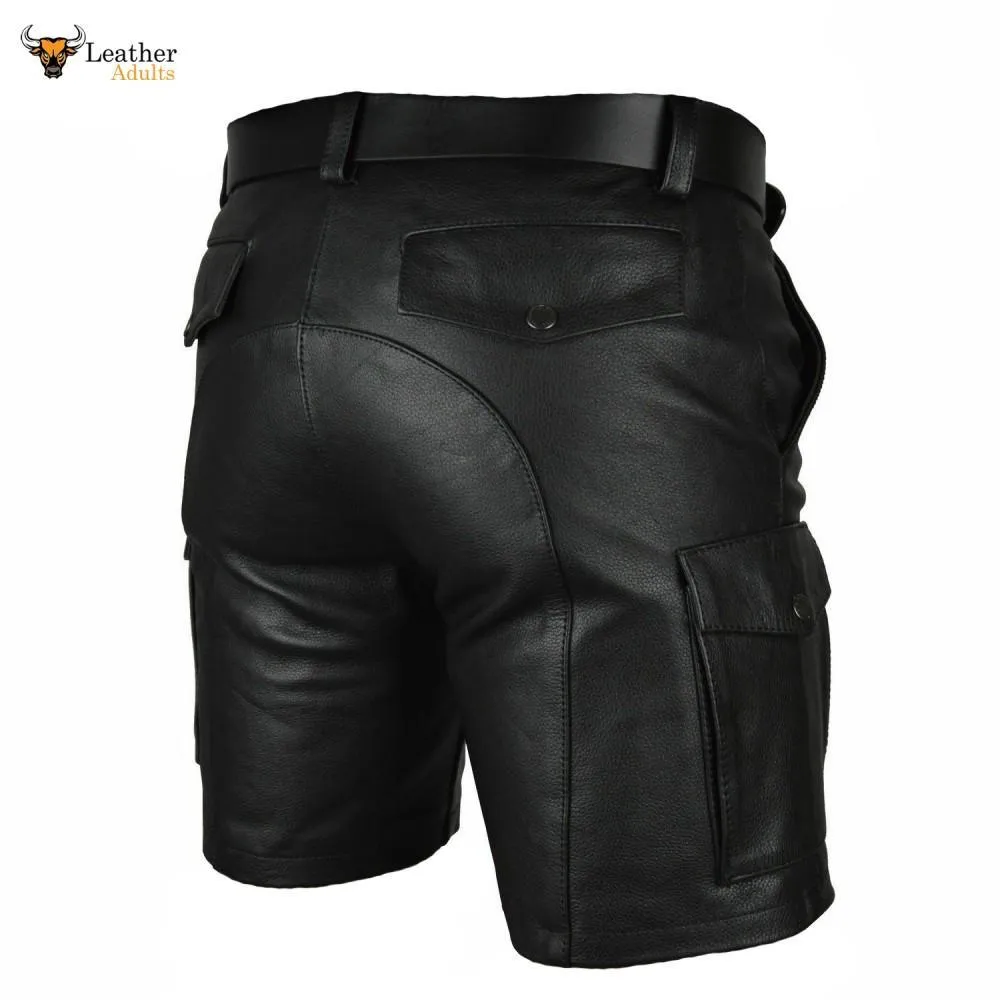 Mens 100% Genuine Leather Cargo Shorts With Six Pocket and Belt