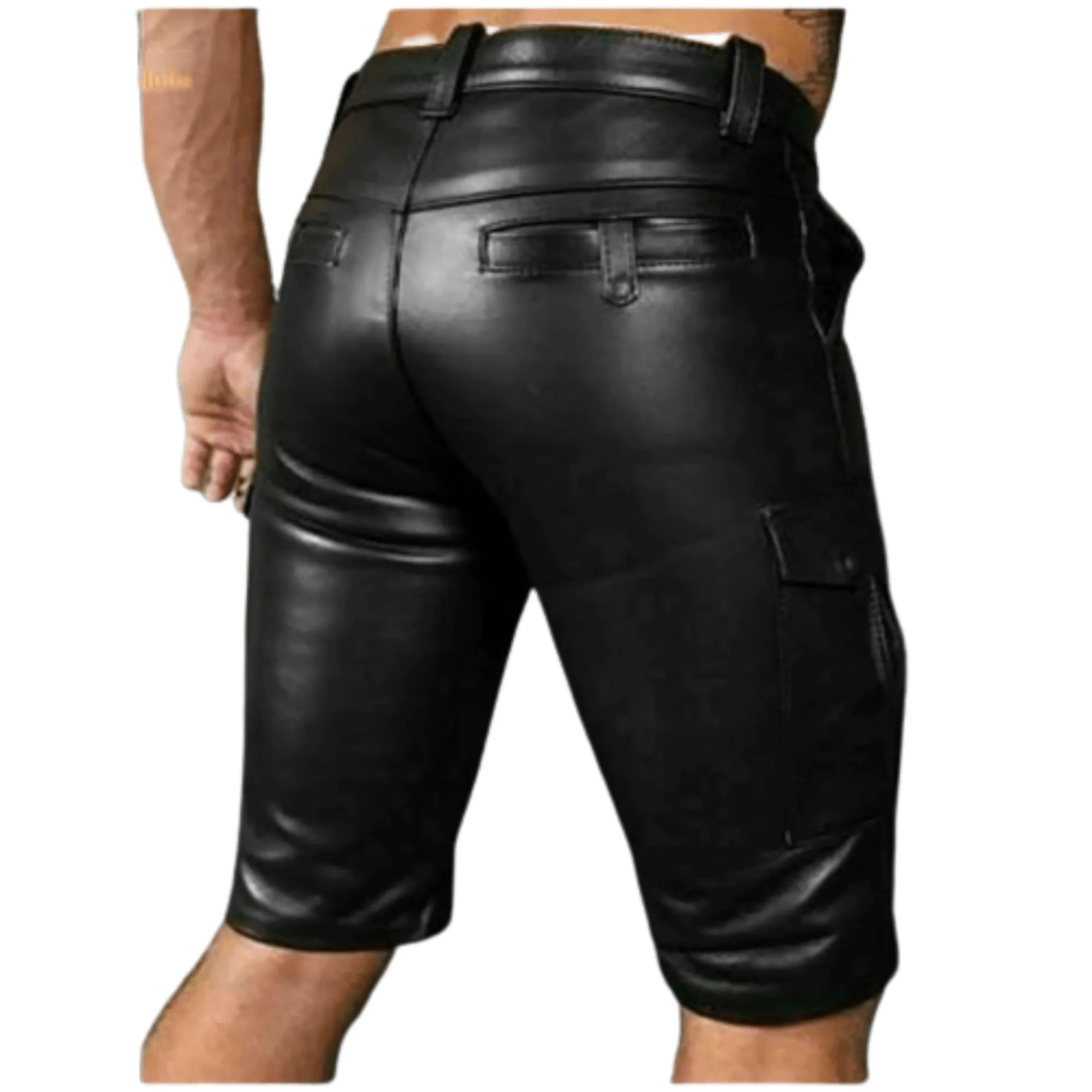 Mens Leather Cargo Shorts with Double Zipper Front