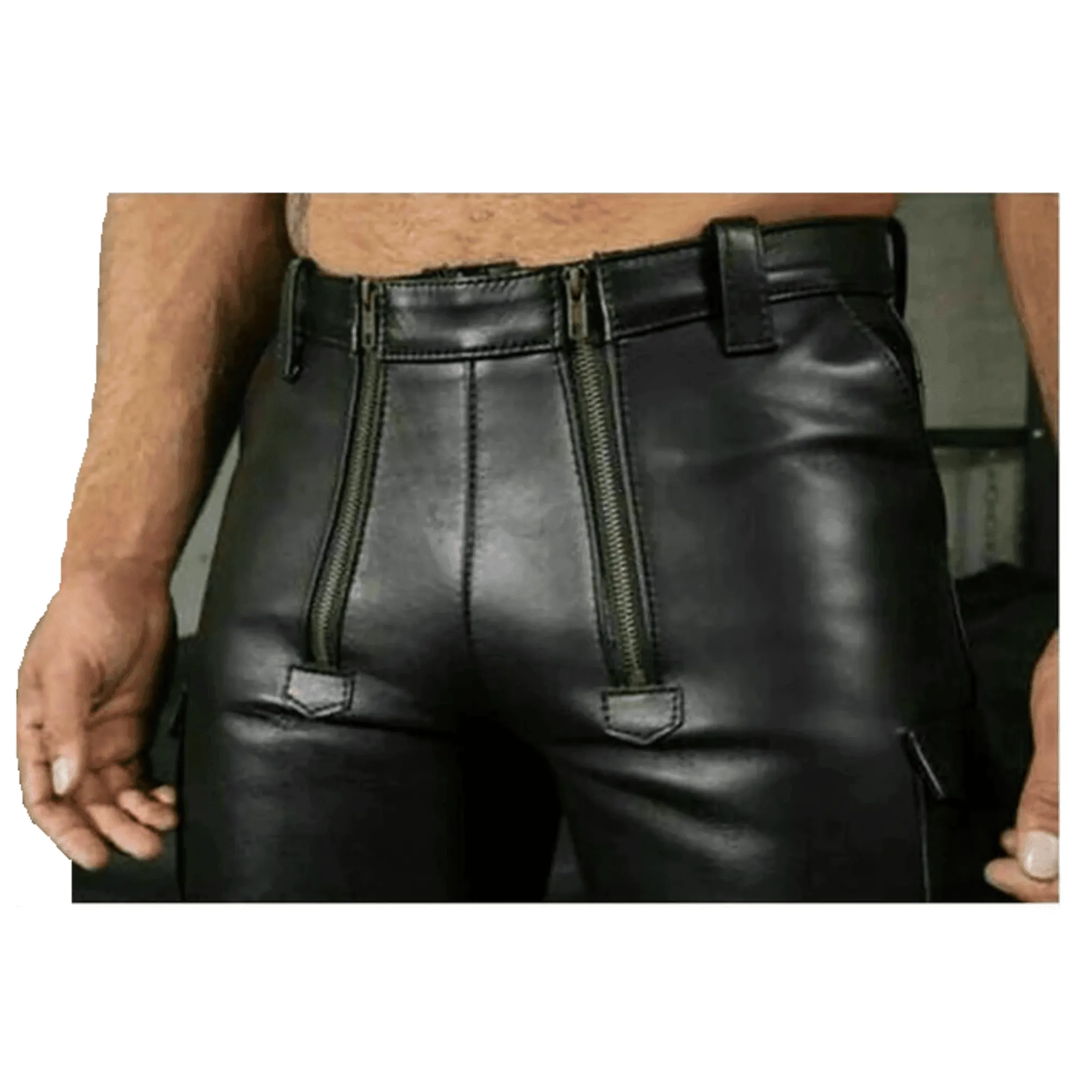 Mens Leather Cargo Shorts with Double Zipper Front