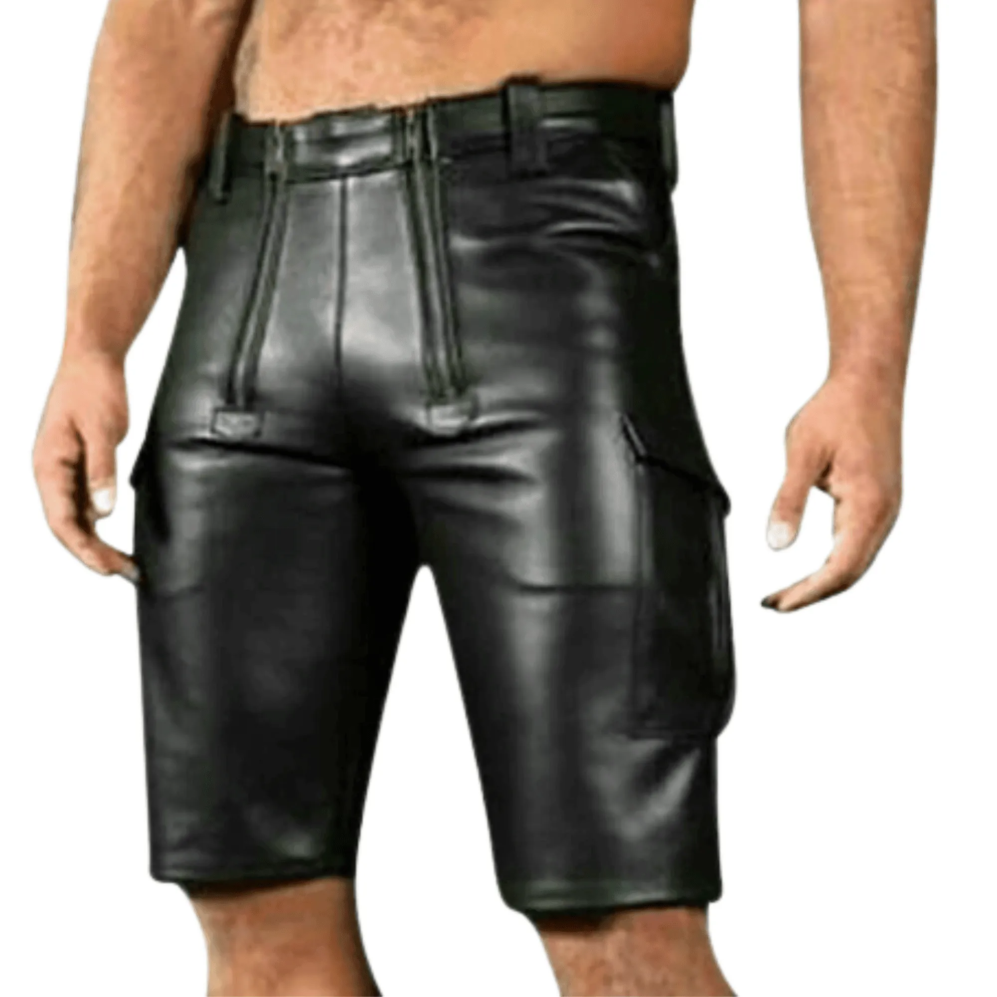 Mens Leather Cargo Shorts with Double Zipper Front