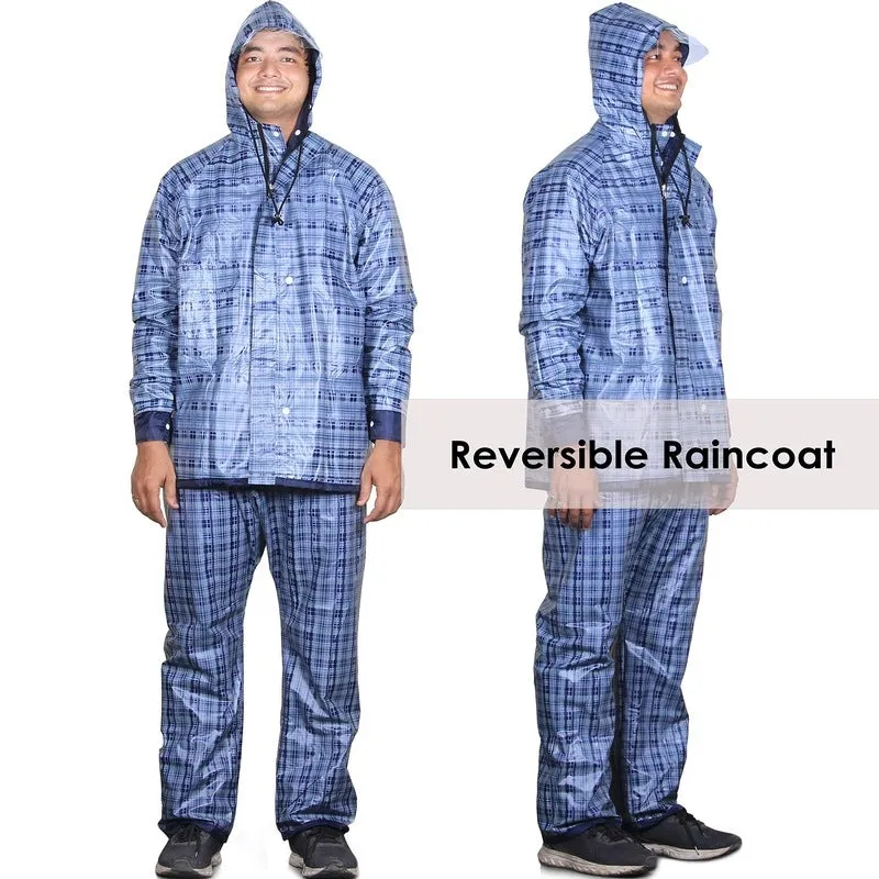Men's Reversible Waterproof Raincoat - Hooded, Reflective | Set of Top and Bottom | X-Large | Blue
