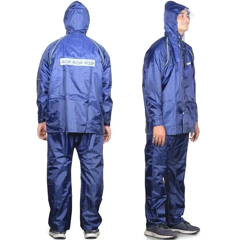 Men's Reversible Waterproof Raincoat - Hooded, Reflective | Set of Top and Bottom | X-Large | Blue