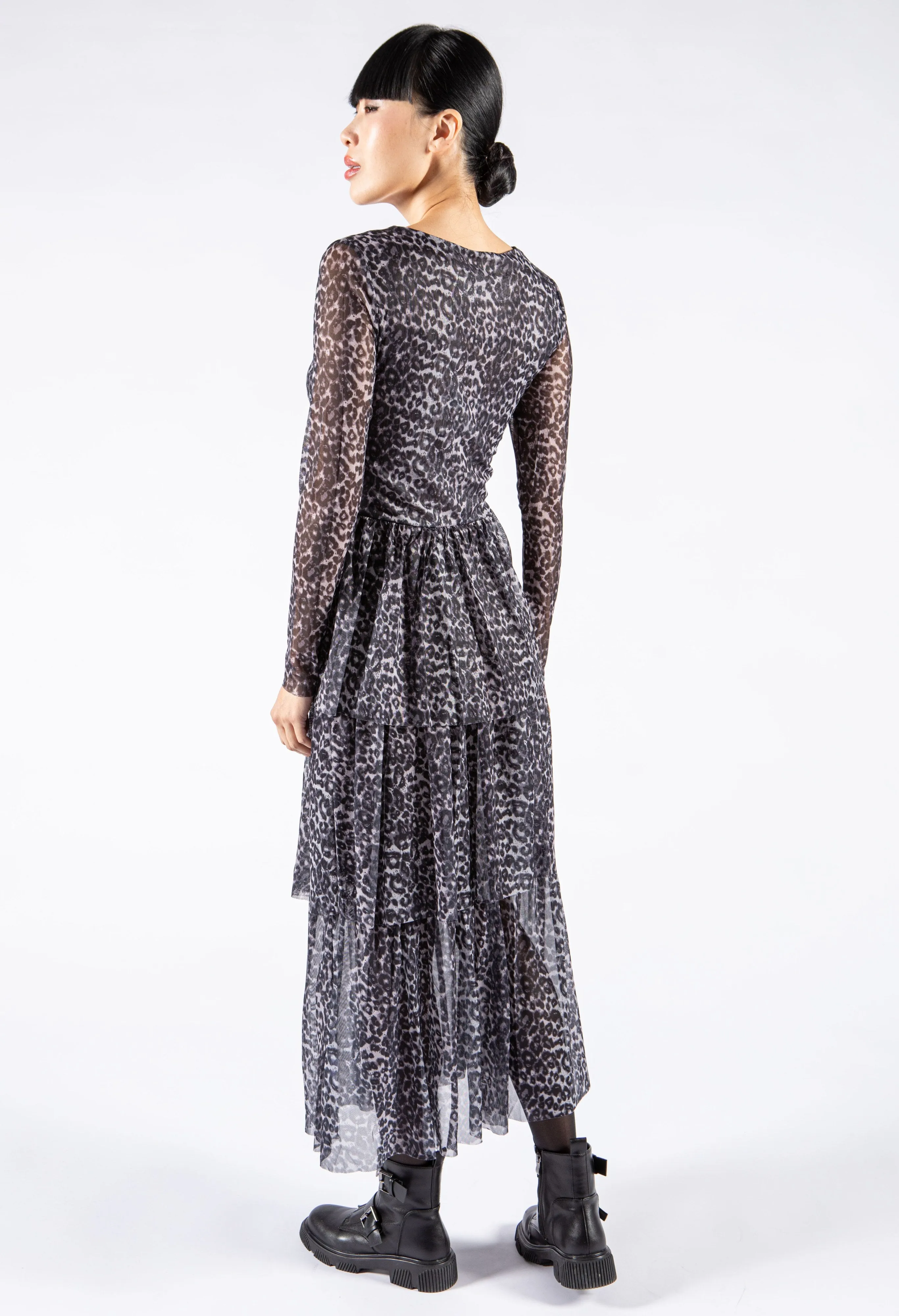 Mesh Leo Print Tiered Dress
