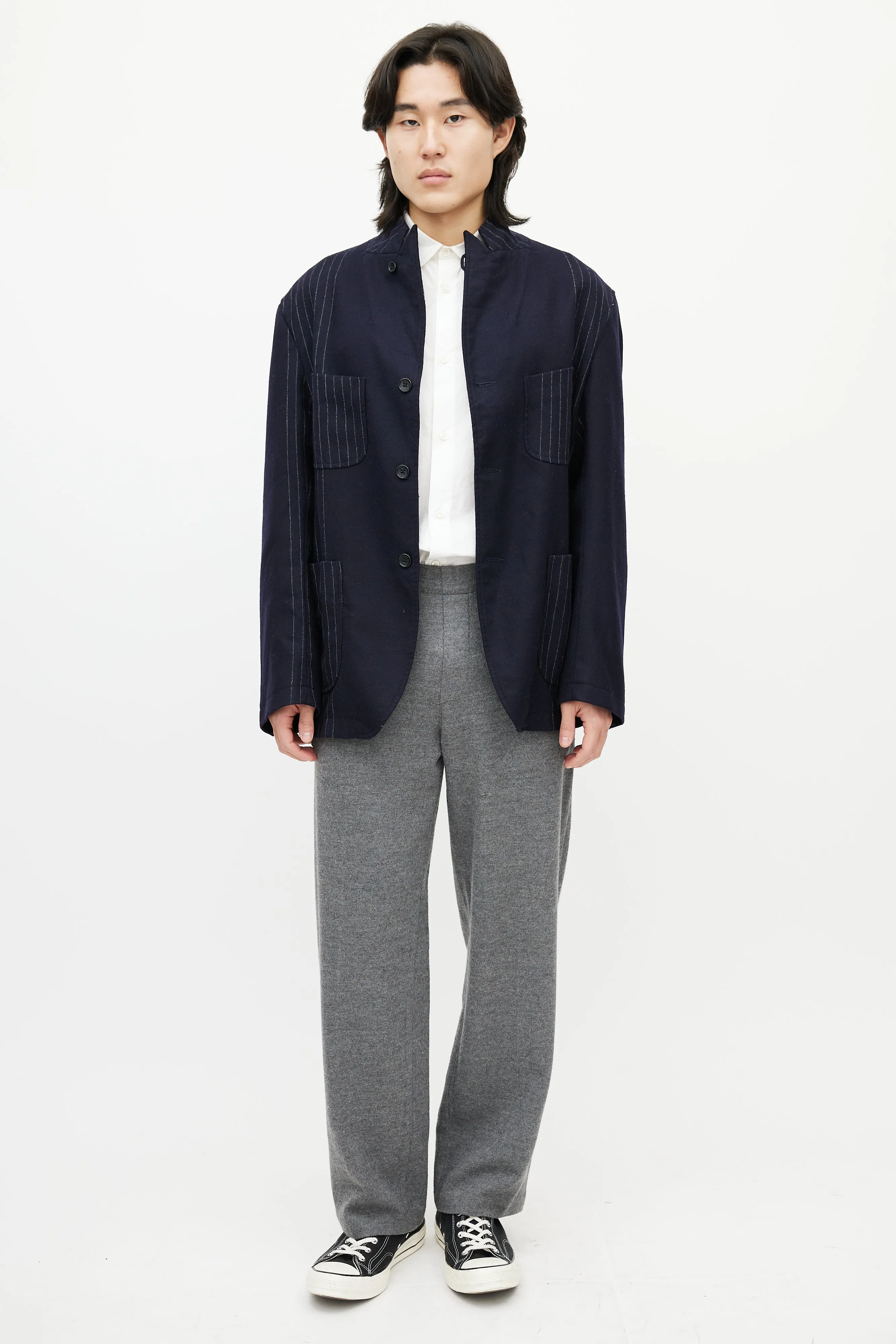 Navy & White Wool Striped Blazer