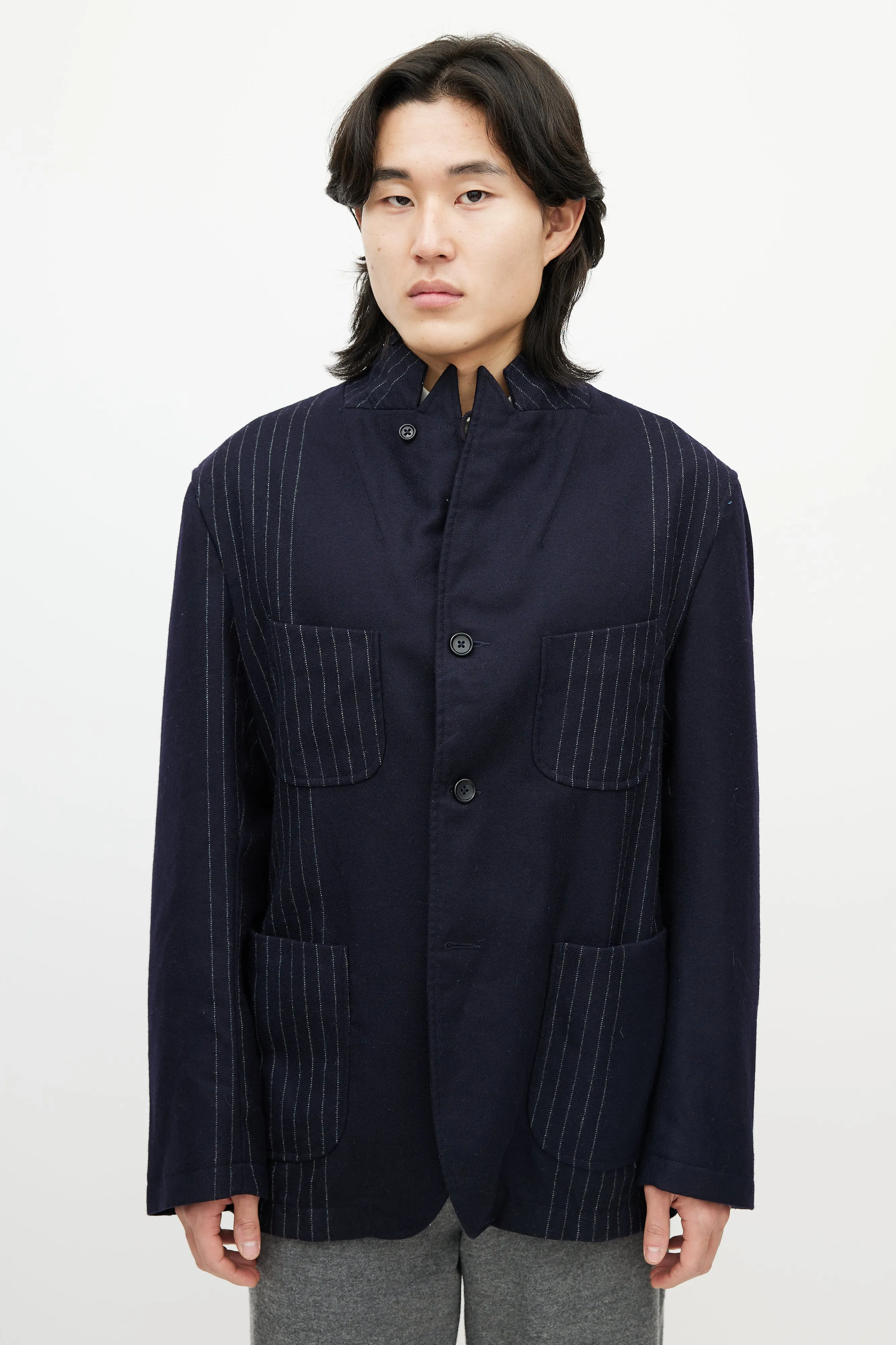 Navy & White Wool Striped Blazer