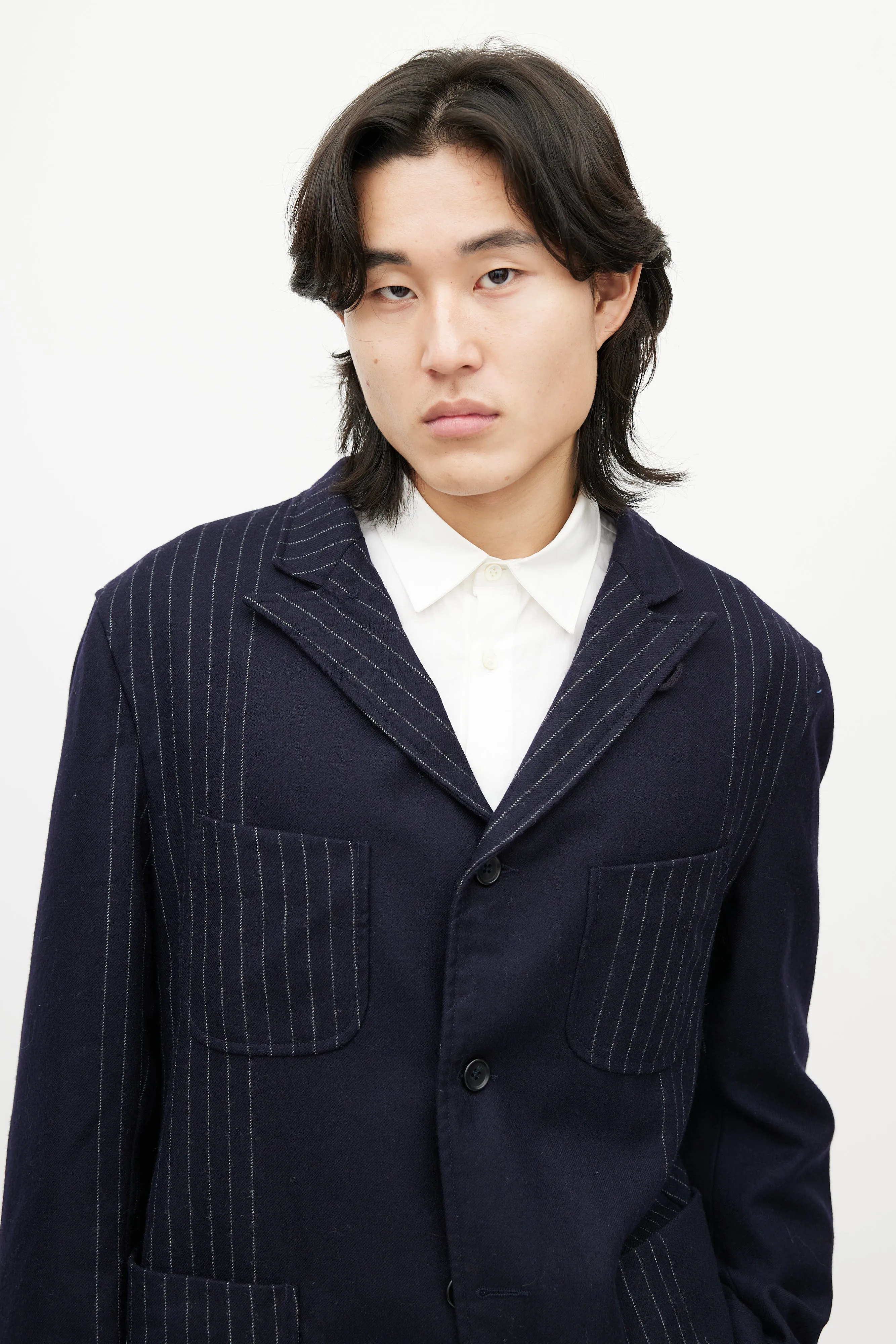 Navy & White Wool Striped Blazer