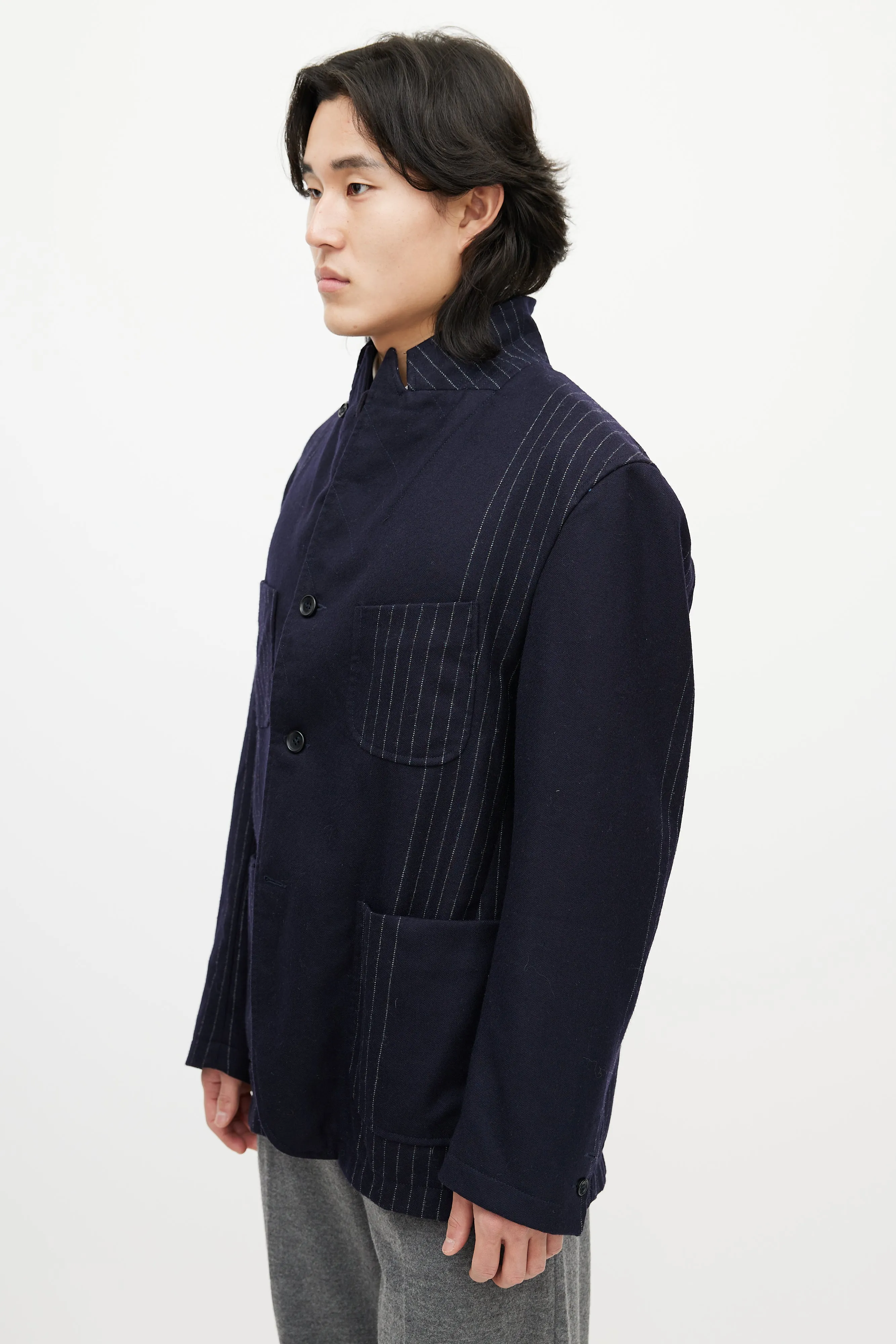 Navy & White Wool Striped Blazer