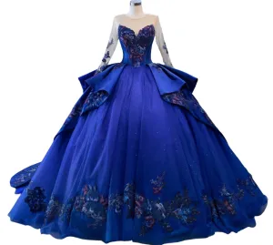 Navy Blue Long Sleeve Quinceanera Ballgown