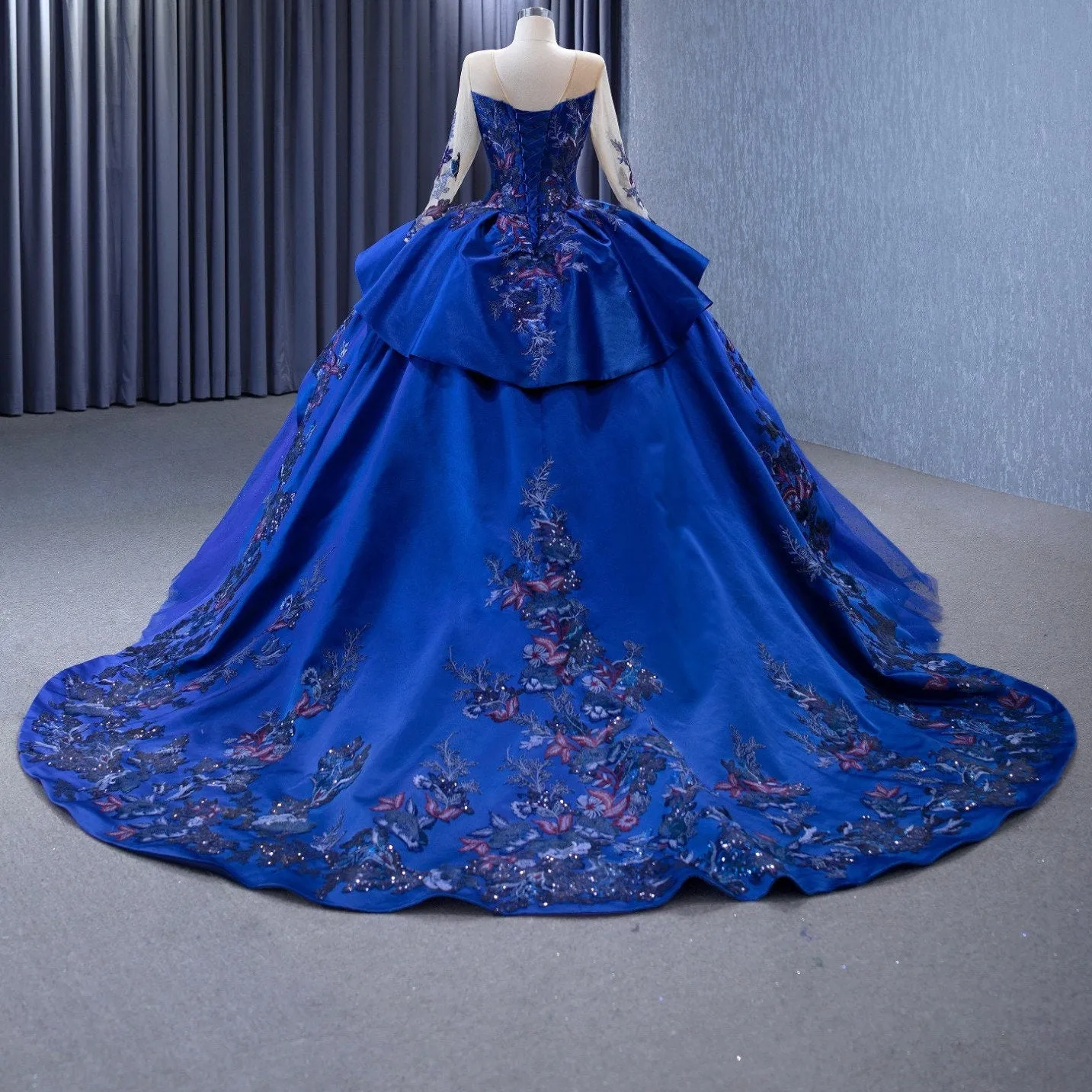 Navy Blue Long Sleeve Quinceanera Ballgown