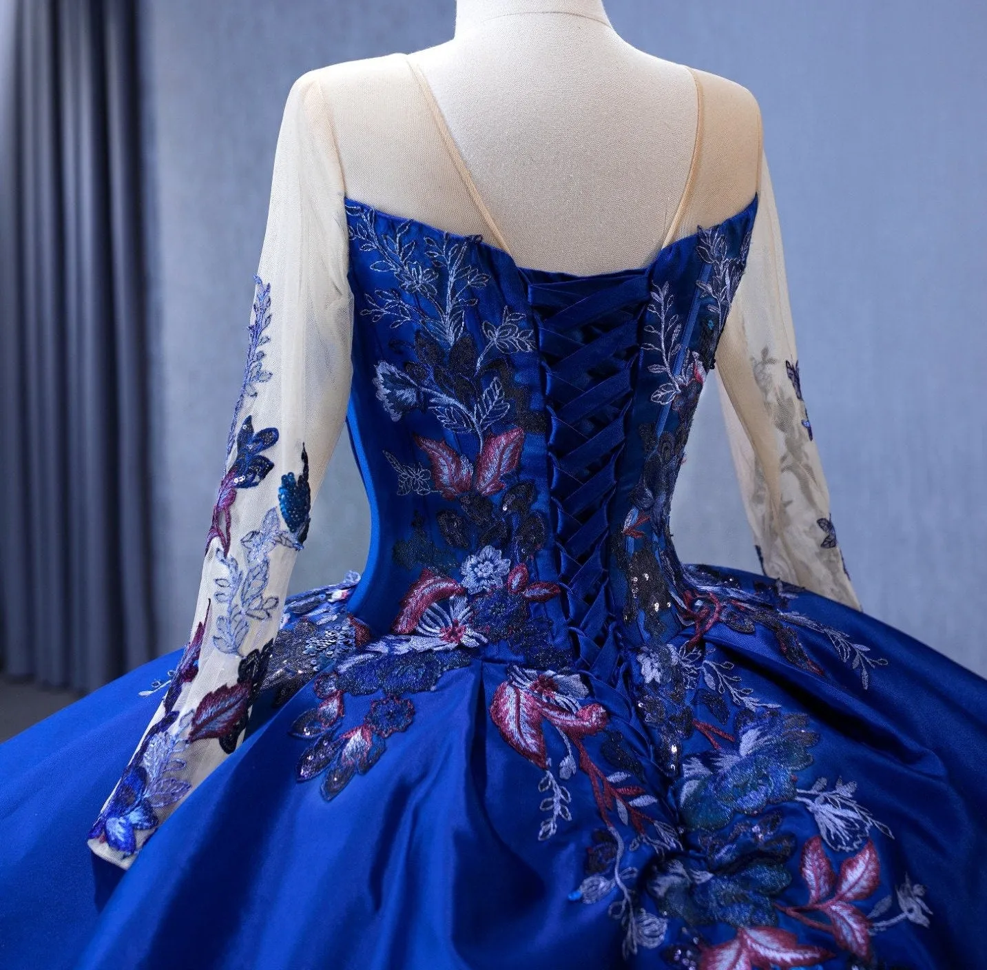 Navy Blue Long Sleeve Quinceanera Ballgown