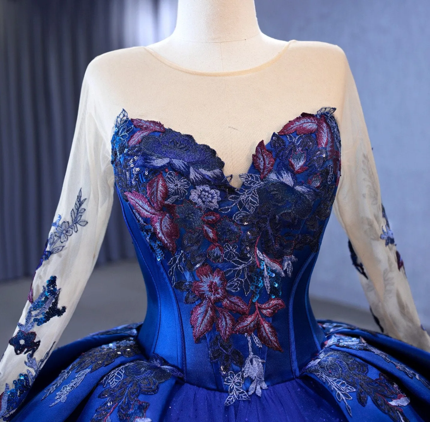 Navy Blue Long Sleeve Quinceanera Ballgown