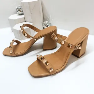 Now and Later Gold Studded Two Band Slide On Heels in Toffee