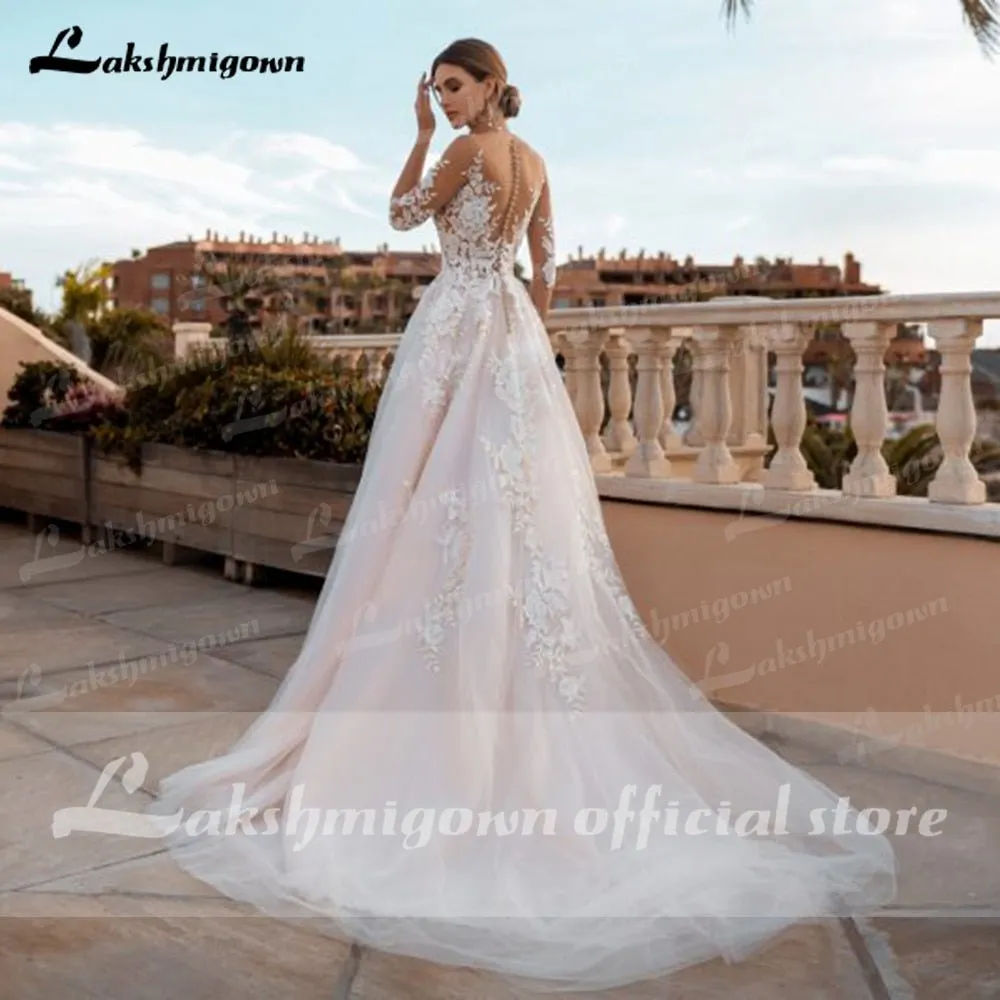 NumberSea Blush Pink Wedding Dress 2022 Floral Appliques Three Quarter Scoop Neck Backless A-Line Court TrainTulle Bridal Gowns Vestido