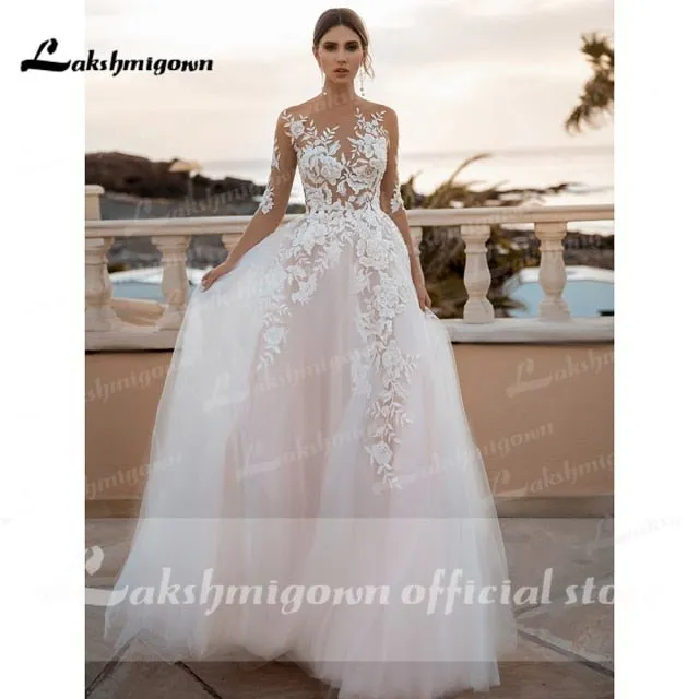 NumberSea Blush Pink Wedding Dress 2022 Floral Appliques Three Quarter Scoop Neck Backless A-Line Court TrainTulle Bridal Gowns Vestido