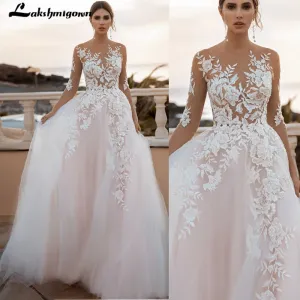 NumberSea Blush Pink Wedding Dress 2022 Floral Appliques Three Quarter Scoop Neck Backless A-Line Court TrainTulle Bridal Gowns Vestido