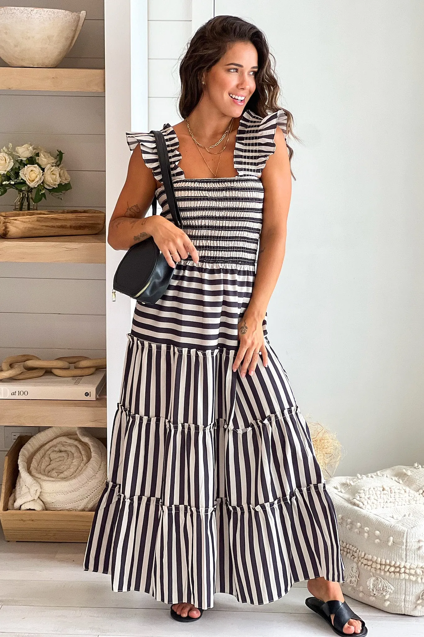 Oatmeal And Black Striped Tiered Dress