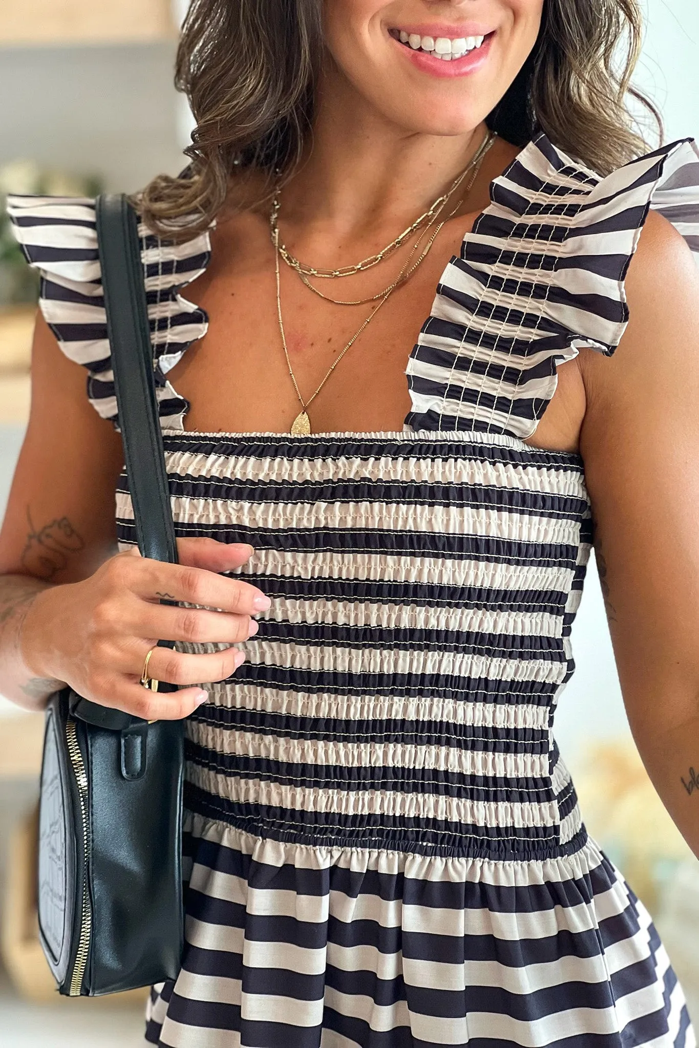 Oatmeal And Black Striped Tiered Dress