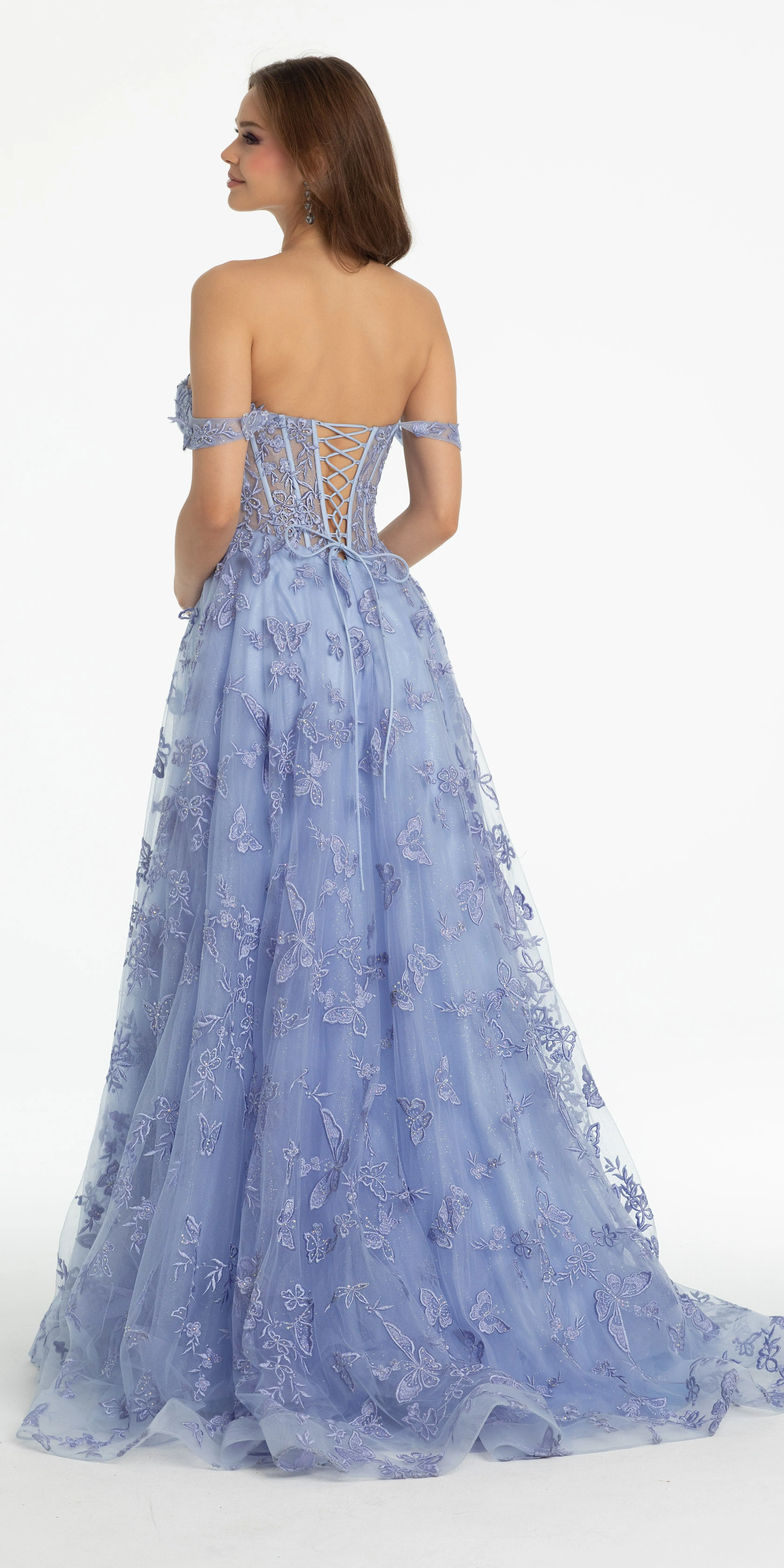 Off the Shoulder Butterfly Embroidered Tulle Lace Up Back Ballgown