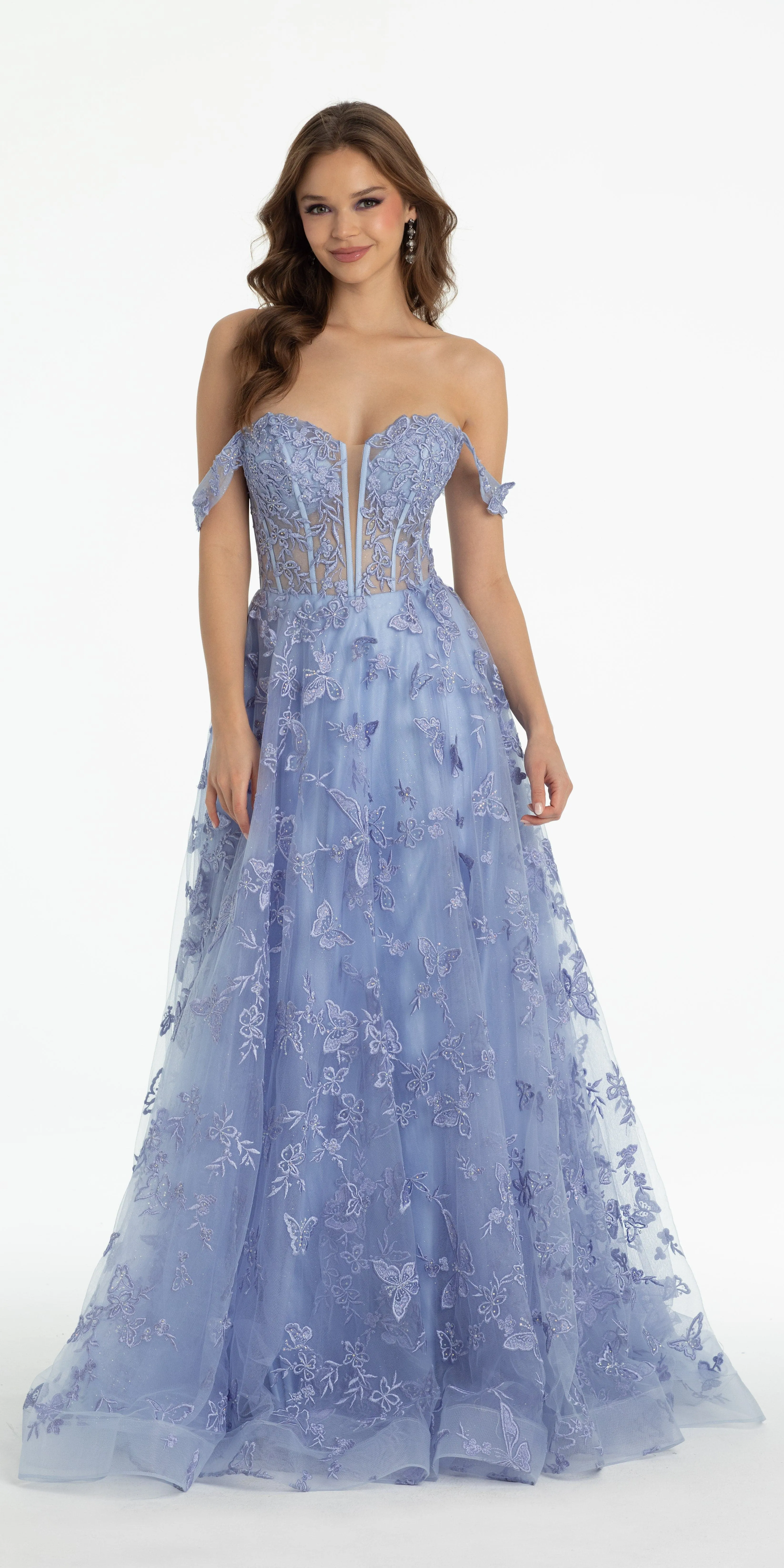 Off the Shoulder Butterfly Embroidered Tulle Lace Up Back Ballgown