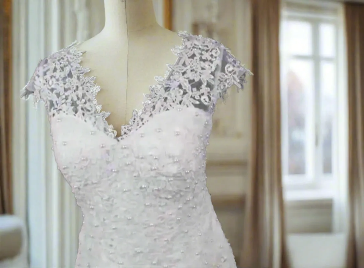 Pearled Applique Trumpet Wedding Gown All Sizes