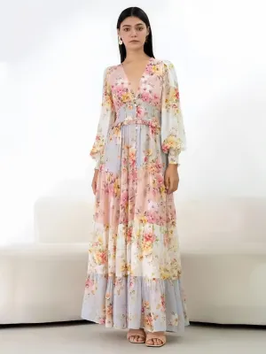 Pink V-Neck Floral Buttons Tiered Long Sleeves Maxi Dress