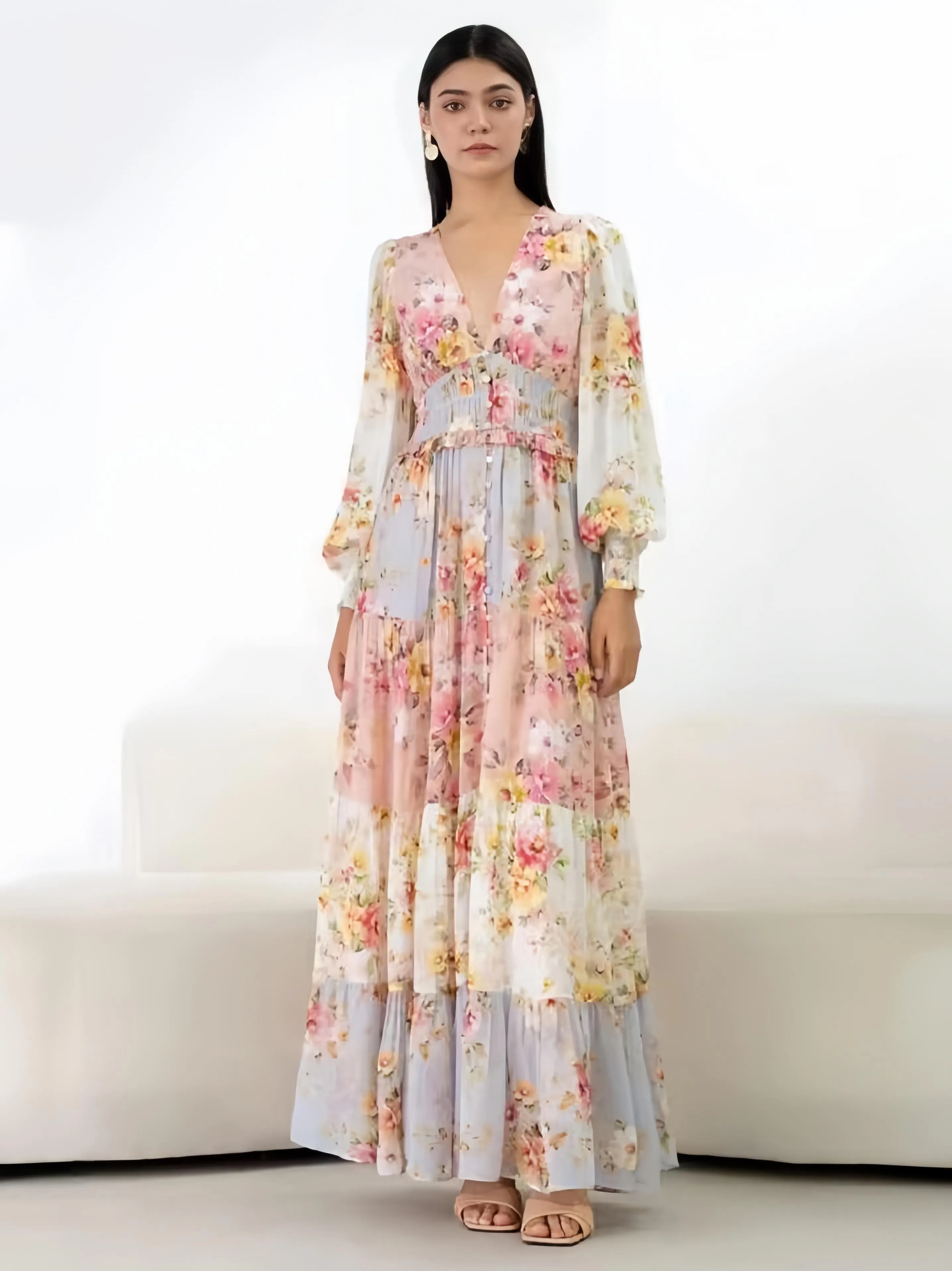 Pink V-Neck Floral Buttons Tiered Long Sleeves Maxi Dress