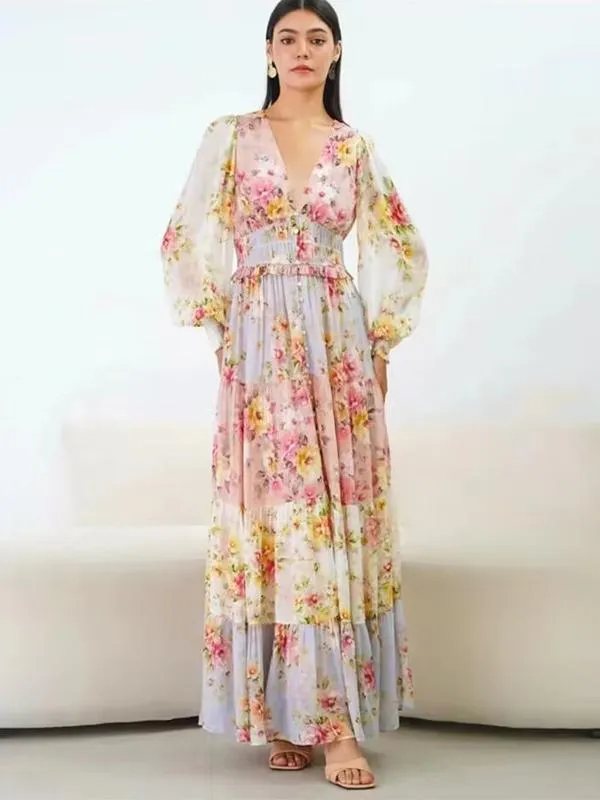 Pink V-Neck Floral Buttons Tiered Long Sleeves Maxi Dress