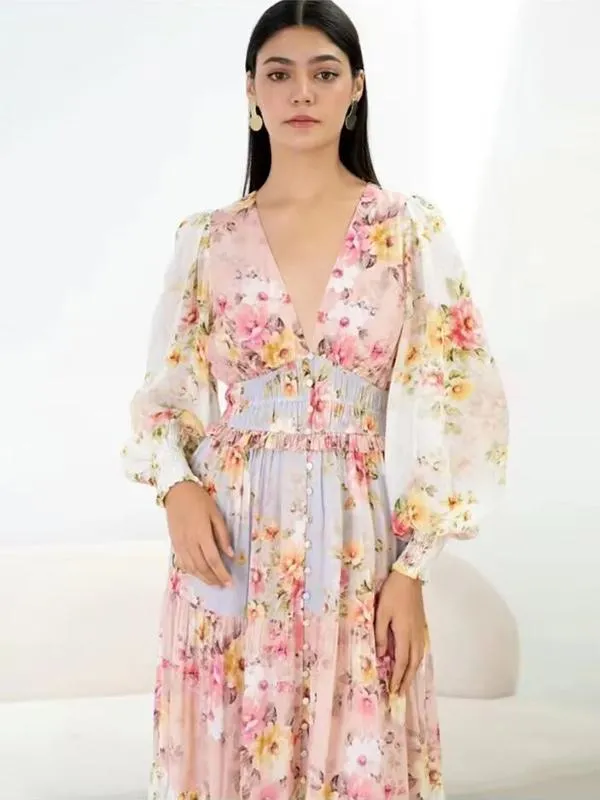 Pink V-Neck Floral Buttons Tiered Long Sleeves Maxi Dress