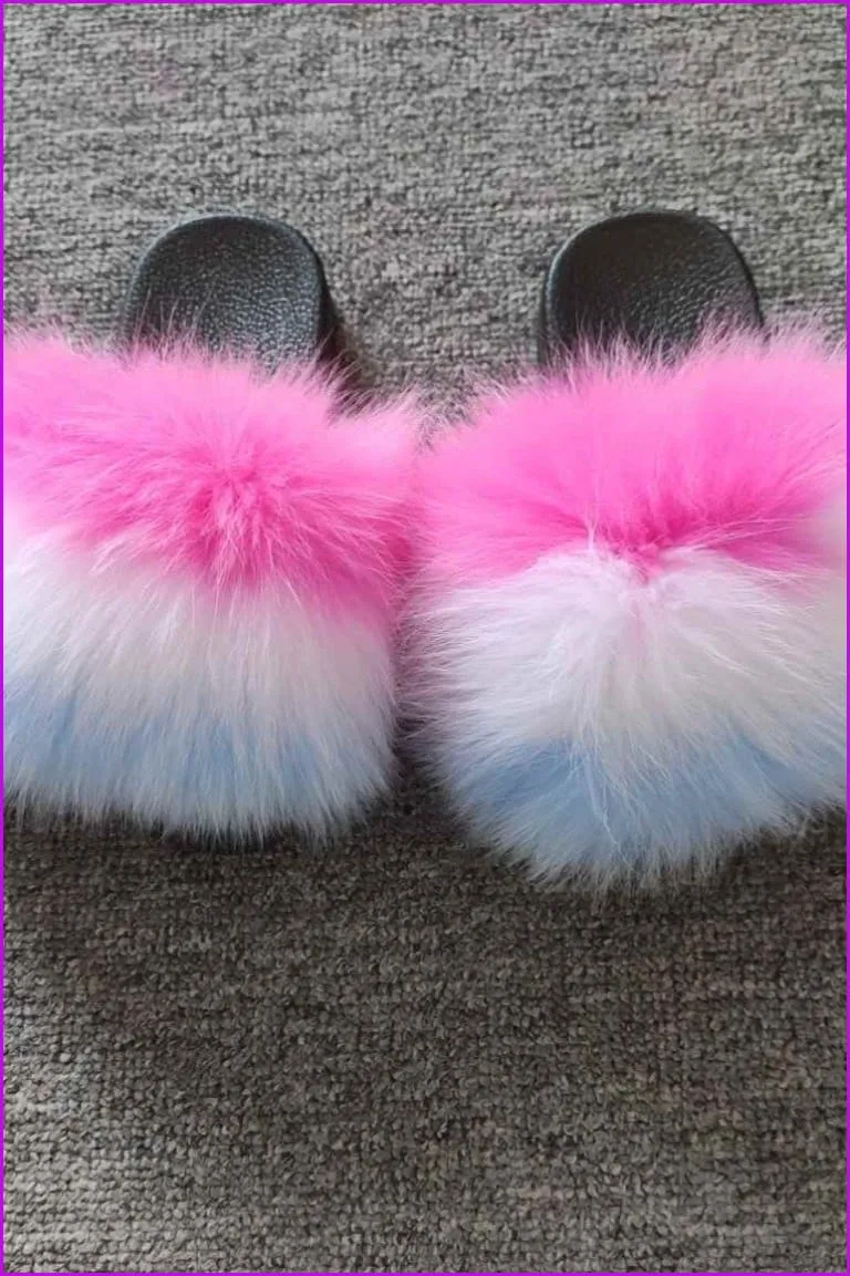 Pink White Blue Kids Fluffy Slides #4 F923