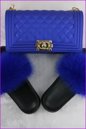 Ready Stock Royal Blue Fur Slides & Bag Set F735