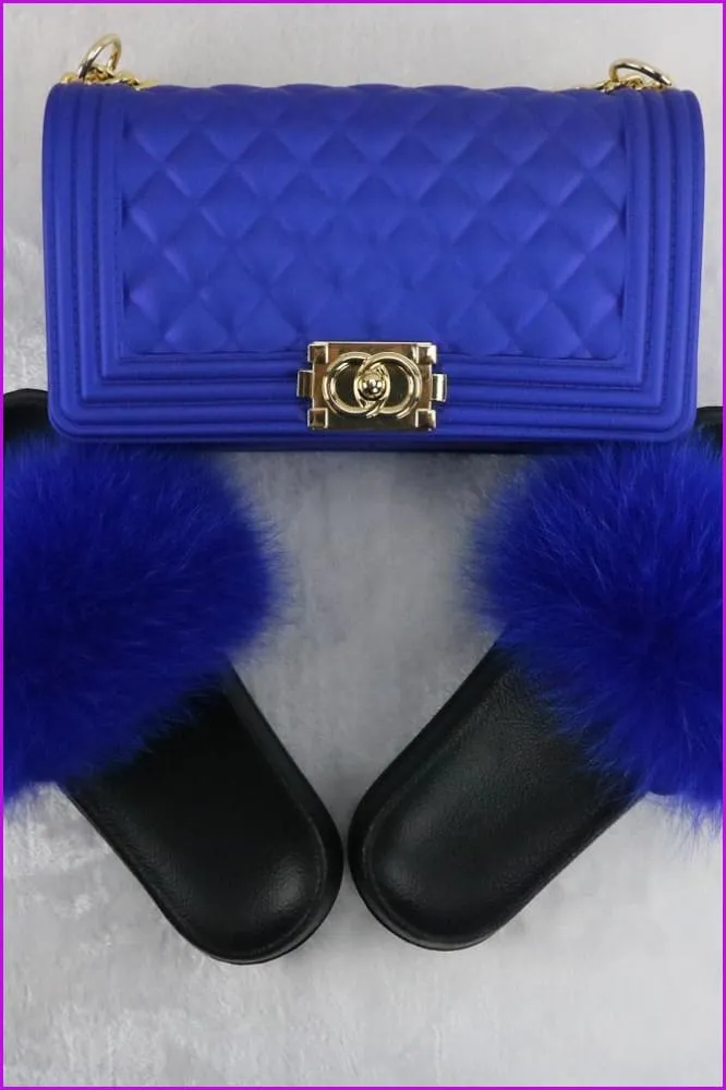 Ready Stock Royal Blue Fur Slides & Bag Set F735