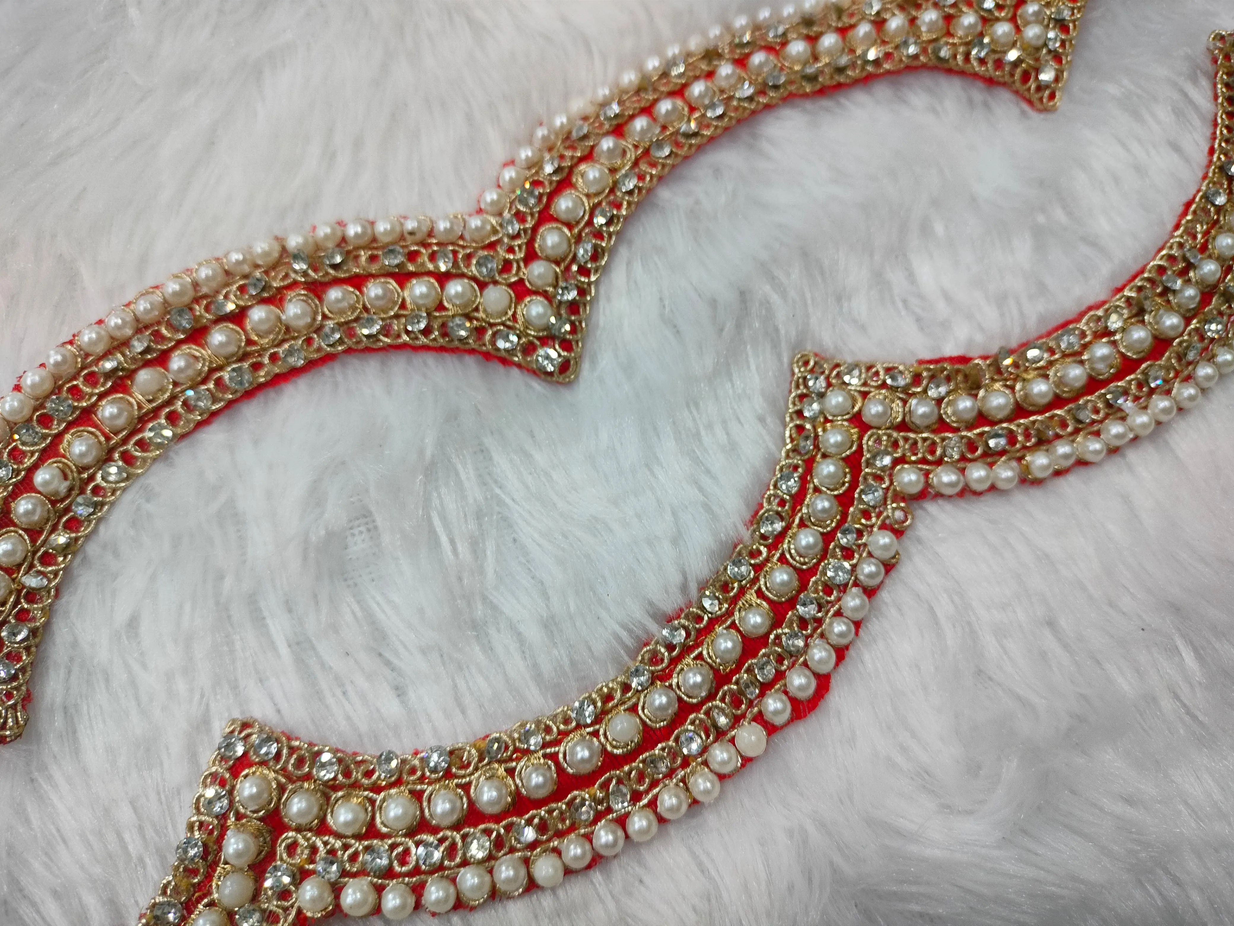 Red Fancy Pearl And Stone Embellished Trim