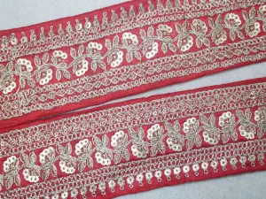 Red Fancy Zari and Sequins Work Embroidered Border
