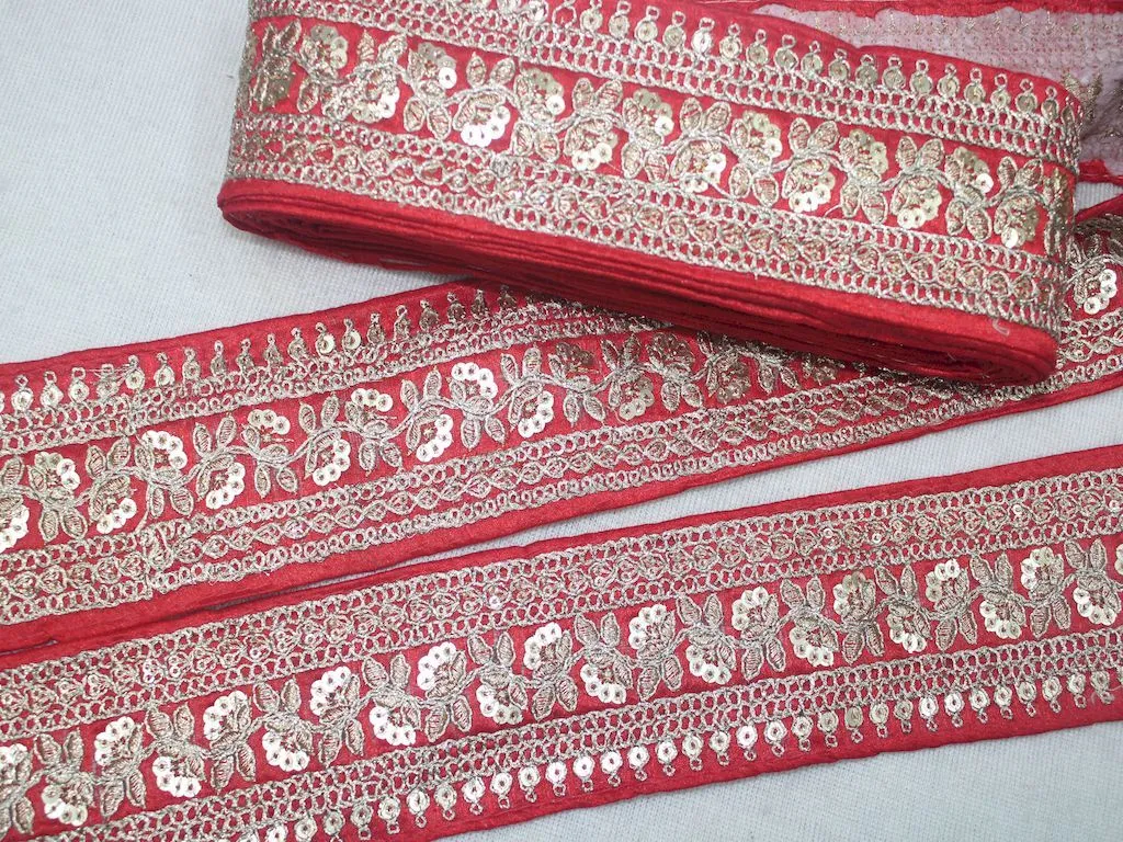 Red Fancy Zari and Sequins Work Embroidered Border