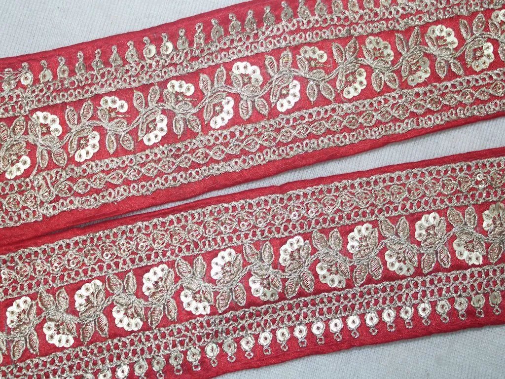 Red Fancy Zari and Sequins Work Embroidered Border